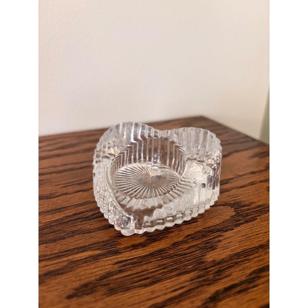 Vintage Clear Ribbed Glass Heart Shaped Trinket Dish Votive Candle Holder